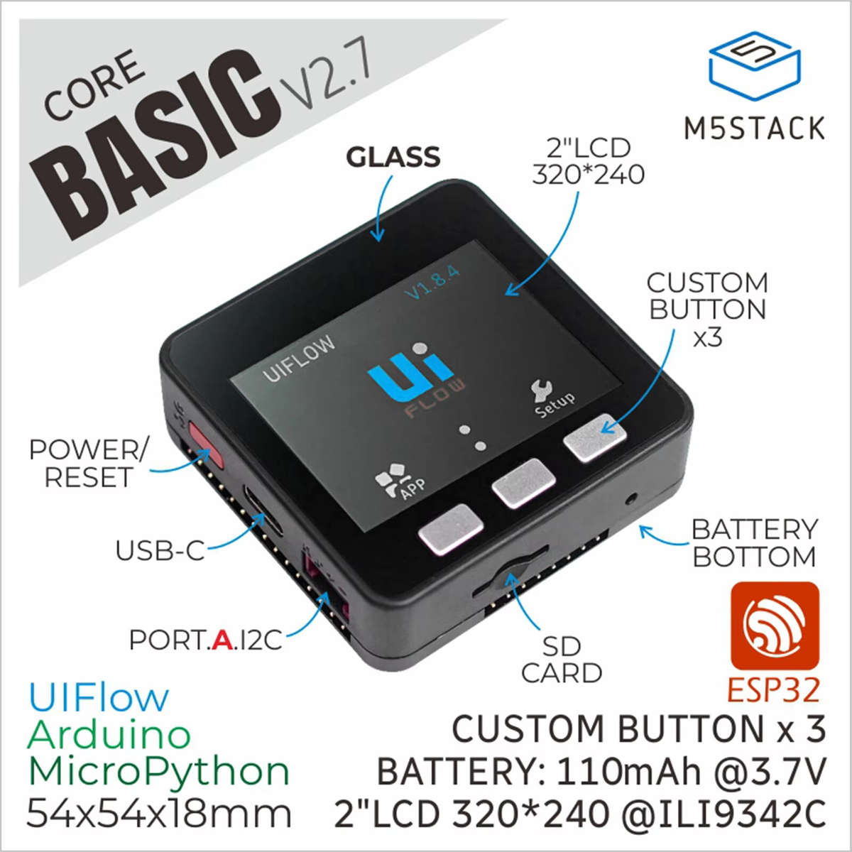 Black - M5Stack ESP32 Basic Core IoT Development Kit V2.7 Dual Core 16MB Flash WiFi GPIO Type-C I2C