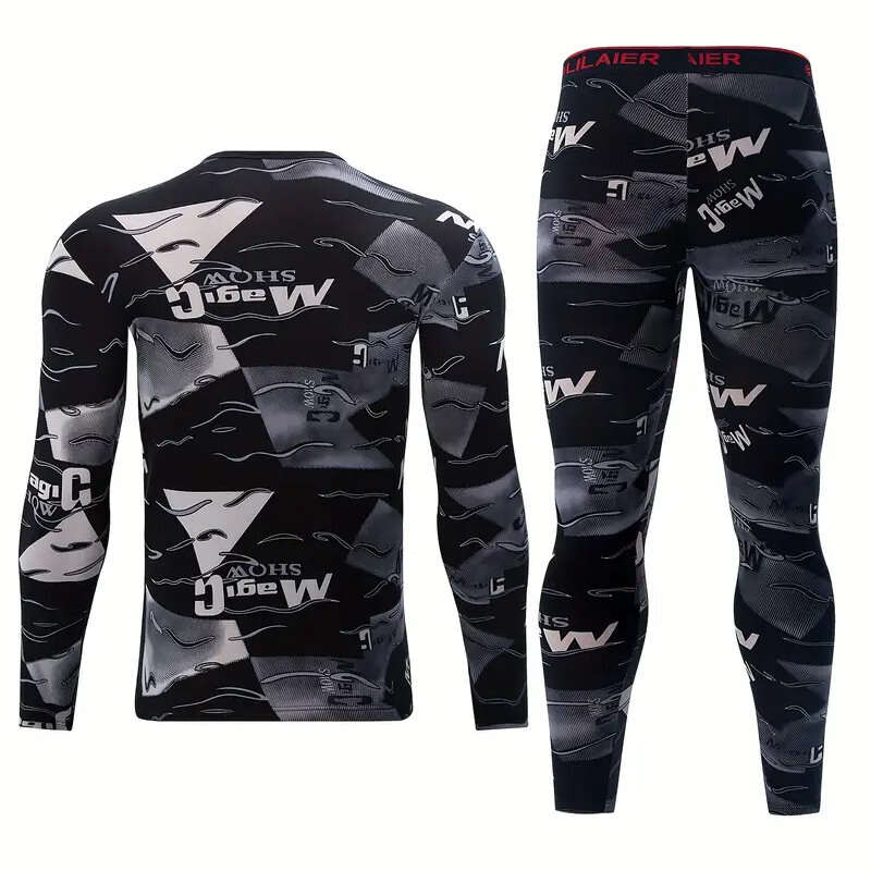 XL - TENGOO Men's Thermal Set, Long Johns Set, 2 Pcs Letter Print Compression Thermal Base Layer Set