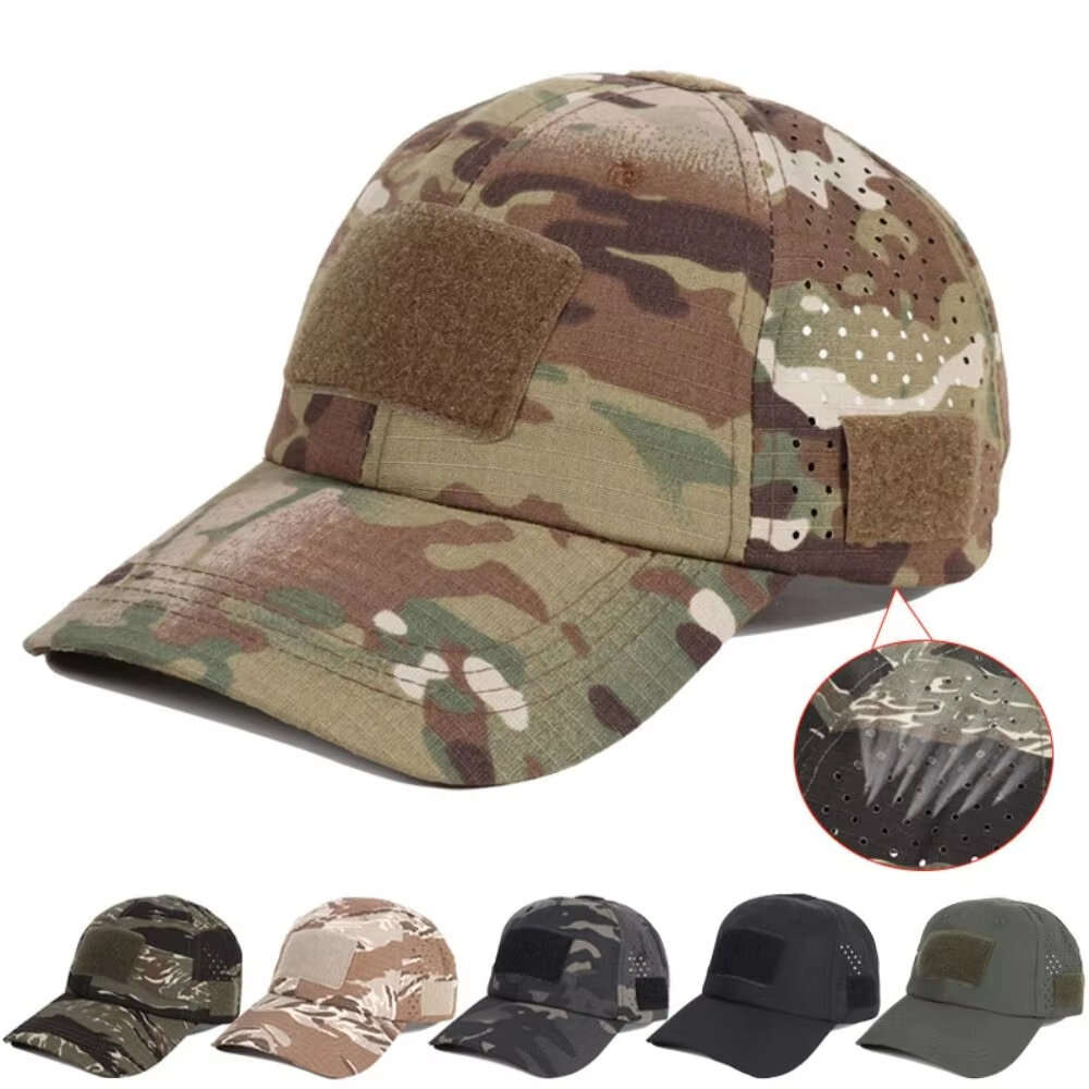 Black - 1PC Men Camouflage Baseball Cap with Hook Loop Summer Breathable Sun Hat for Fishing Hiking