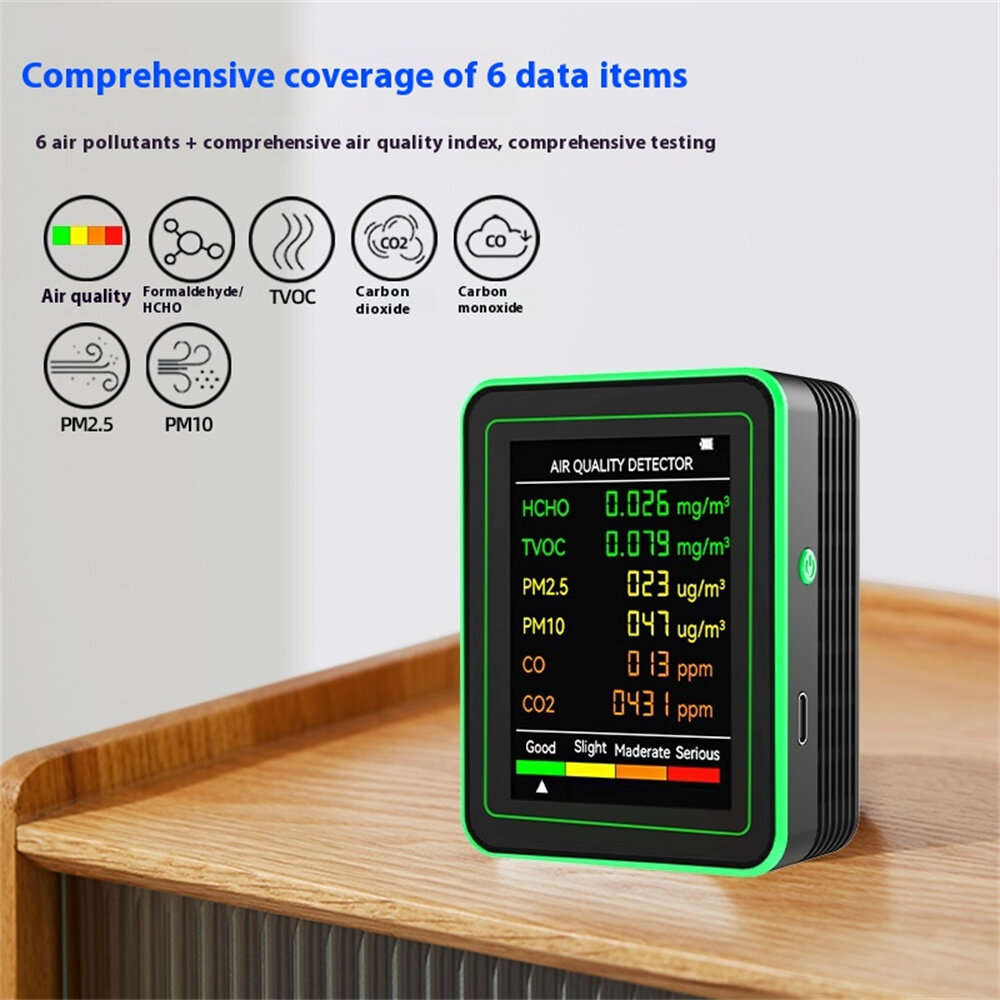 White - 6-in-1 Air Quality Tester HCHO TVOC PM2.5 PM10 CO2 CO/humidity 2 Types USB Type-C Rechargeab