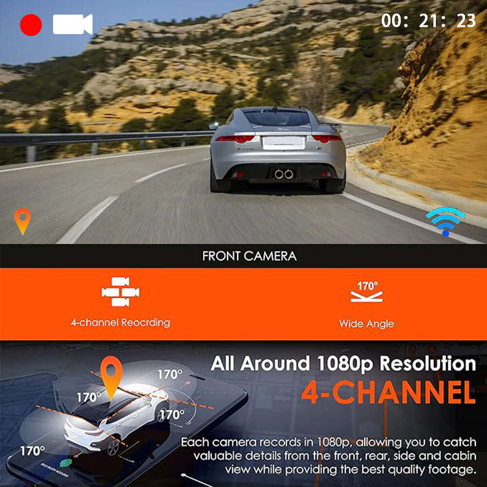 Black - 3 Inch IPS Screen 4 Lens Car Dashboard DVR Dash Camera Wifi Infrared Night Vision G-sensor 1