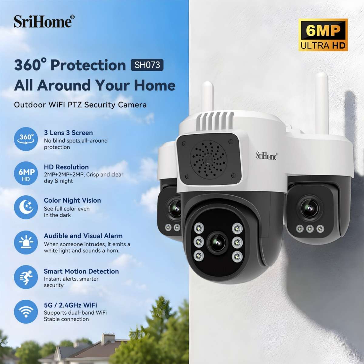 EU Plug - SriHome SH073 6MP 3X Zoom WIFI PTZ Security Camera 360 Coverage Full-Color Night Vision Hu