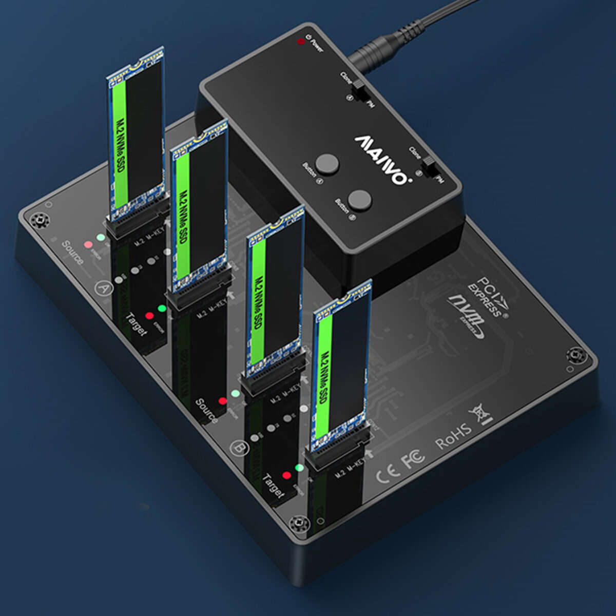 EU Plug - MAIWO 4-Bay M.2 NVME SSD Cloner Duplicator USB3.1 Gen2 10Gbps 4-Bay Offline Copy Tool-Free