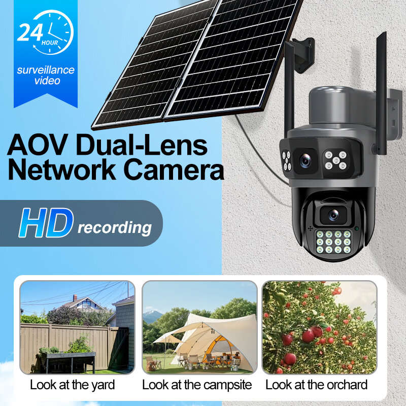 Black - AOV 4G LTE Solar Security Camera 10MP Dual Lens 5K PTZ Night Vision 2-Way Audio Motion Alert