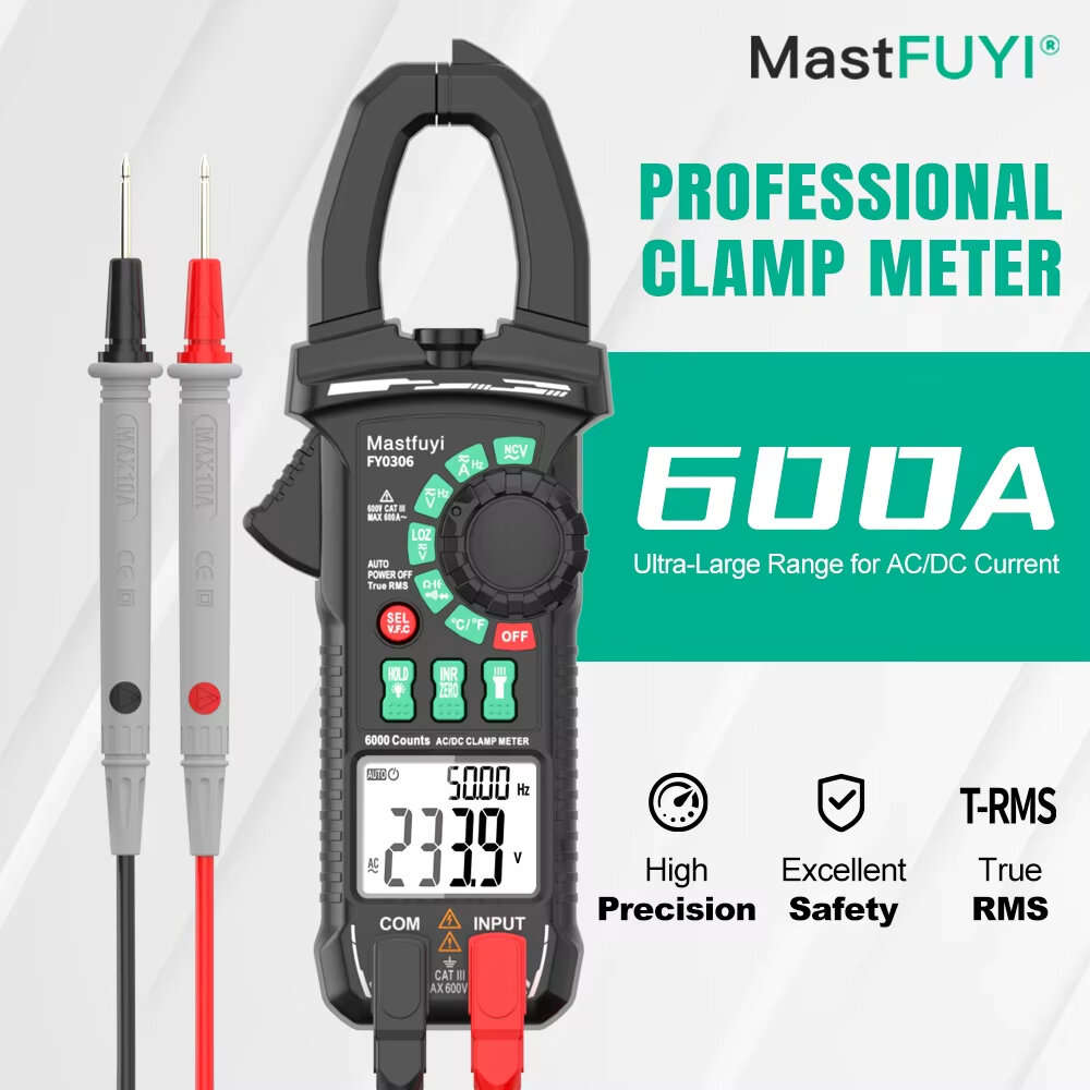Black - FUYI FY0306 Digital Clamp Meter True RMS Multimeter 5999 Counts AC DC Current Voltage Capaci