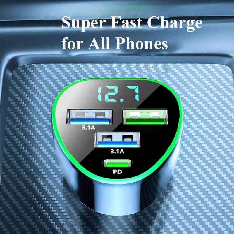 #2 - 350W 4-Port USB PD Car Charger Adapter 3USB-A+USB-C Fast Charging with Blue LED for iPhone 16 1