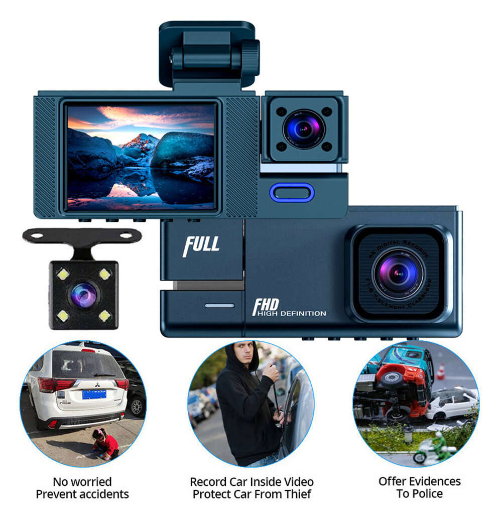 32GB - 2 Inch IPS Screen Car Dash Cam 3-Channel Driving Recorder G-sensor Loop Recording Parking Mon
