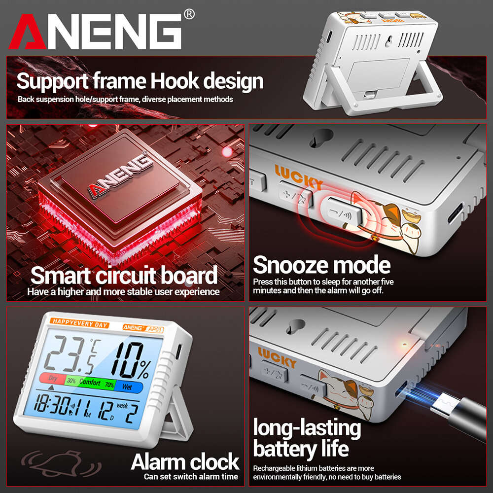 White 1 - ANENG AP01 Thermohygrometer Clock with Backlit LCD Display Real-Time Temperature and Humid