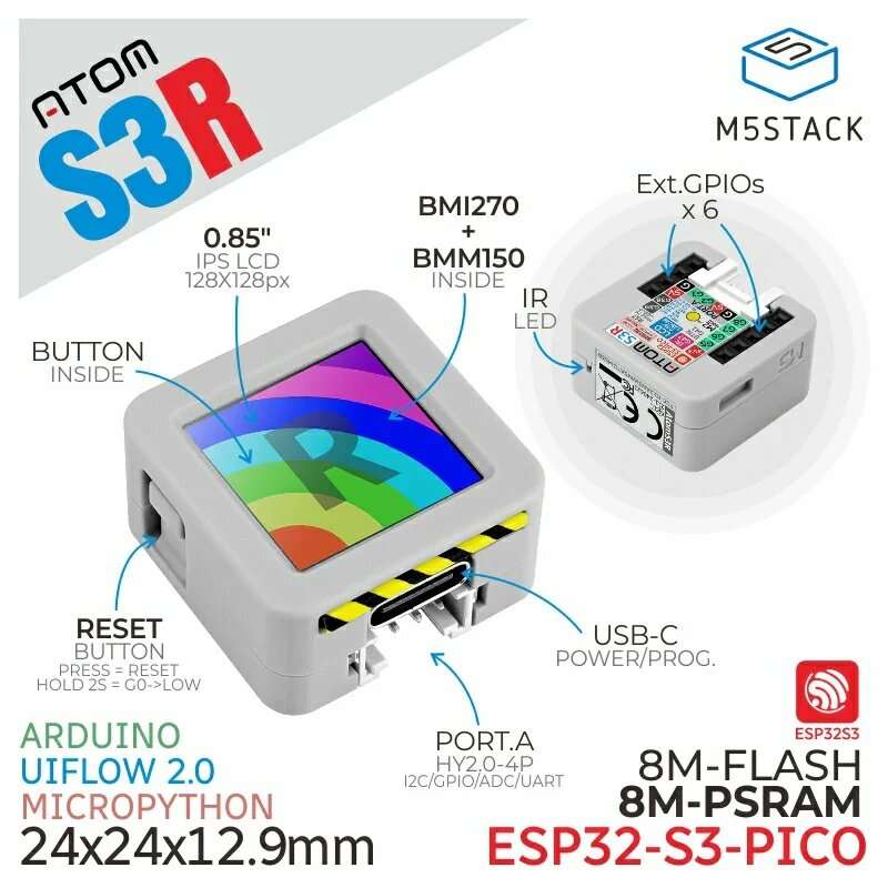 White - M5Stack ATOMS3R Development Kit ESP32-S3 0.85 Inch Screen 8MB PSRAM 128x128 IPS 6 Axis IMU &
