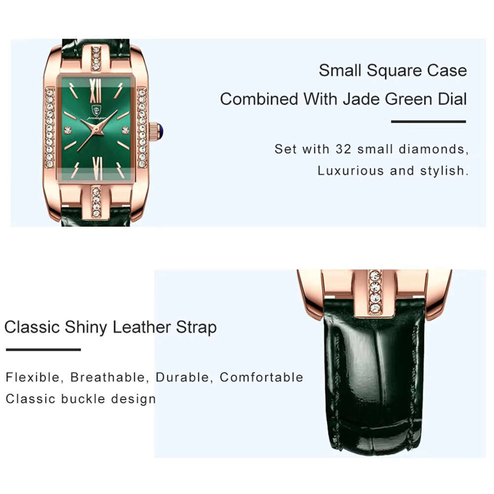 Green - POEDAGAR Fashion Rectangular Quartz Watch Female Luxury Elegant Clock Waterproof Leather Ban