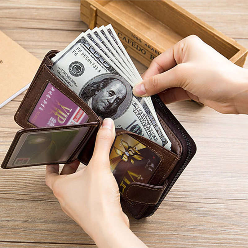 #1 - BULLCAPTAIN Genuine Leather Mens Zipper Wallet RFID Blocking Short Wallet Vintage Multi-card Ho