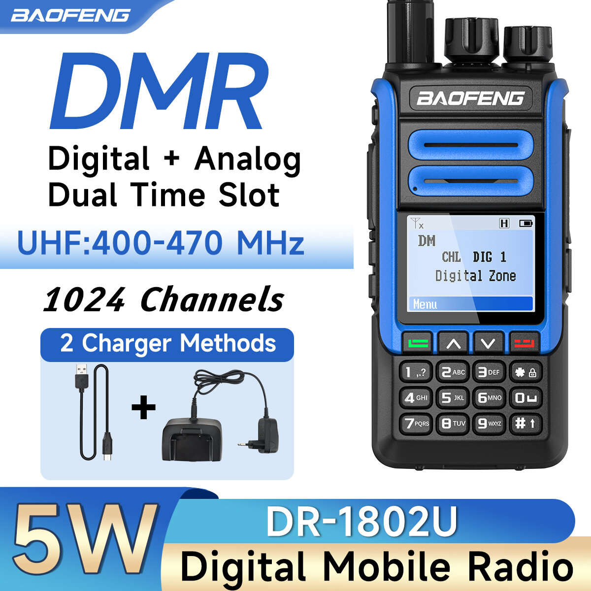 Radio+Type-C Cable+Earphone+Hand Mic - Baofeng DR-1802U Digital Two Way Radio Dual Mode Dual Time Sl