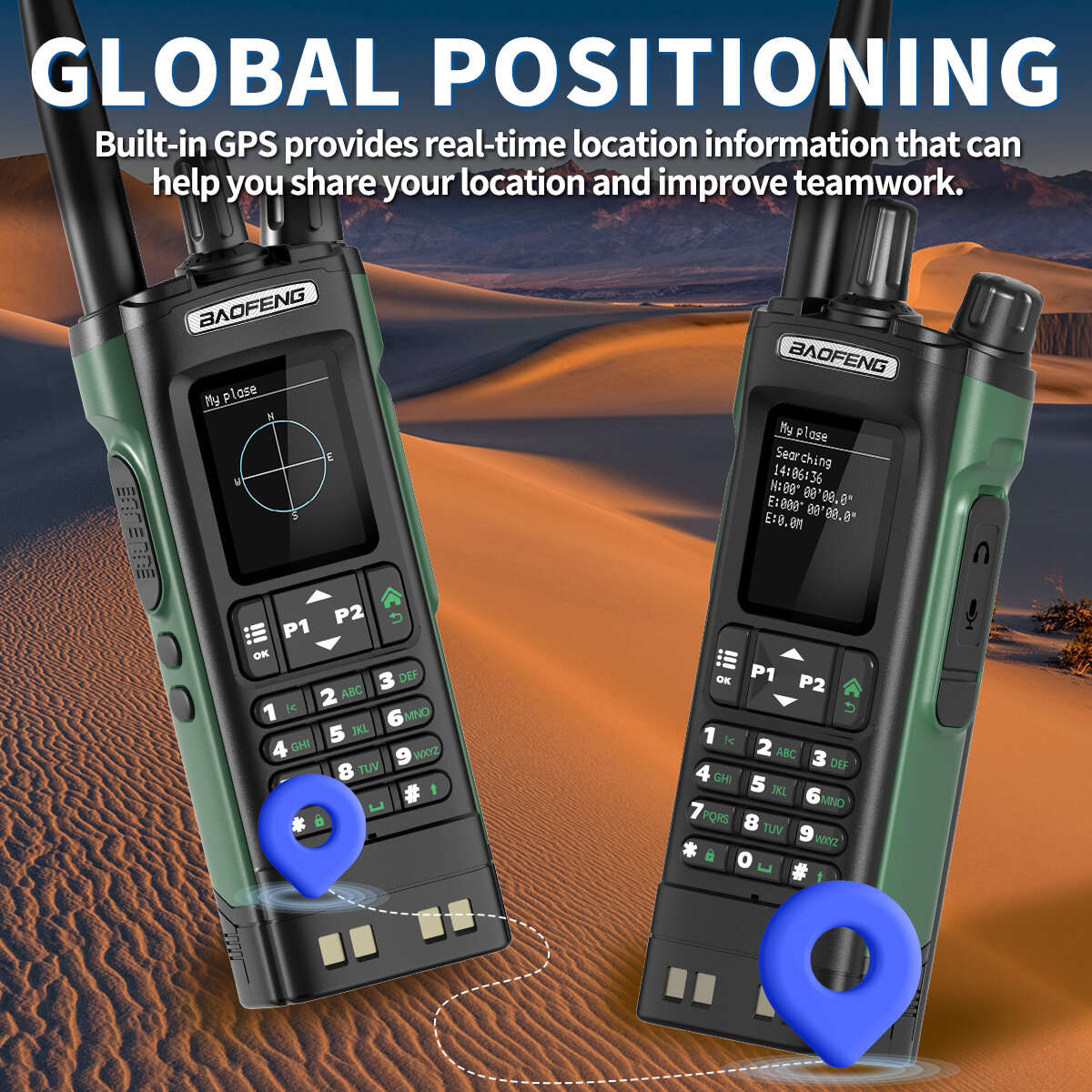 2Pcs Baofeng BF-UV32 GPS Walkie Talkie 10W Long Range Multi Band Bluetooth App 1000 Channels USB-C E