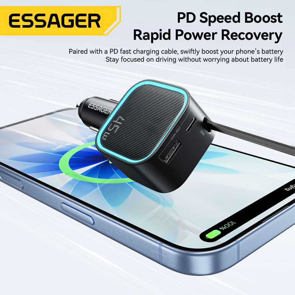 Black - ESSAGER F779 45W 2-Port USB PD Car Charger Adapter with Integrated Type-C Retractable Cable+