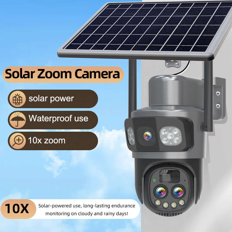 4G EU Version+Flow Card - Guudgo Tri-lens Solar Camera 10X Optical Zoom WIFI 4G Wireless PTZ Color N
