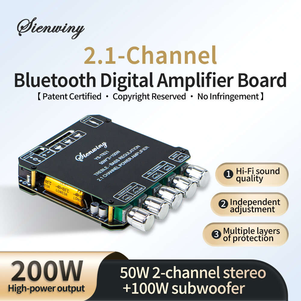 Black - YS-TB21 Bluetooth Digital Amplifier Board 2.1 Channel 200W High-Power Dual Audio 50W Dual-ch