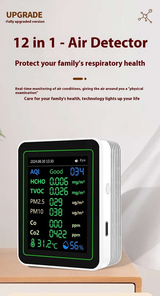 White - NEW 12 in 1 Air Quality Monitor Formaldehyde Space Contrast Function TVOC CO CO2 PM2.5 PM10
