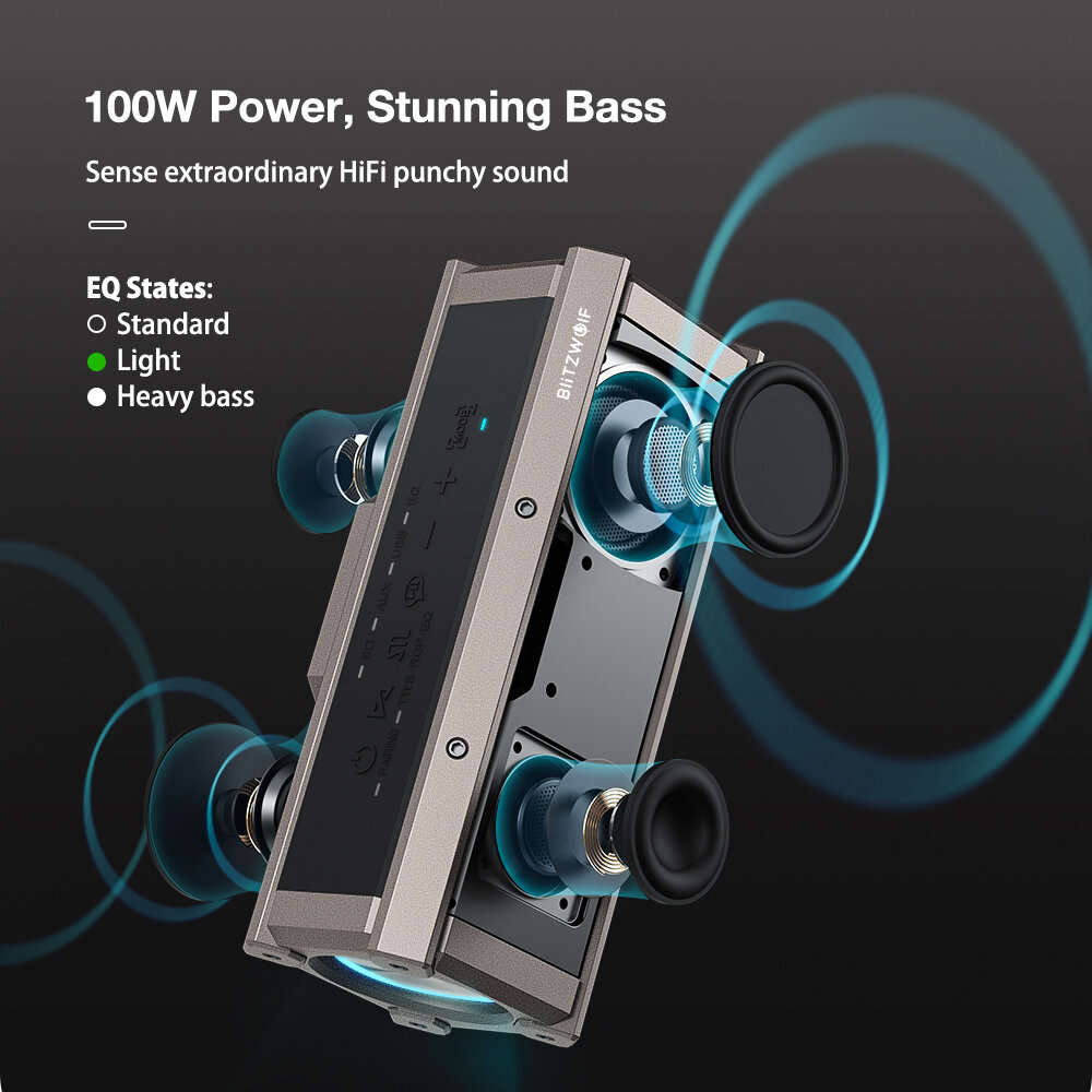 Black - BlitzWolf BW-WA3 100W bluetooth Speaker Portable Speakers Quad Drivers Dual Diaphragm Deep B