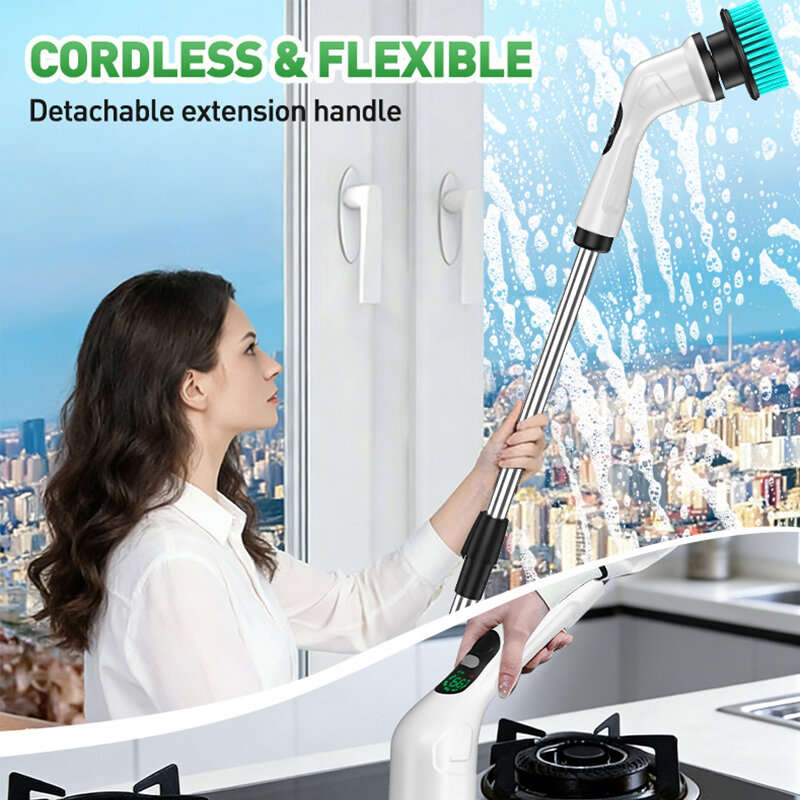 Black - Tevorex 12-in-1 Cordless Electric Power Scrubber, Adjustable Telescopic Handle, 430RPM Motor