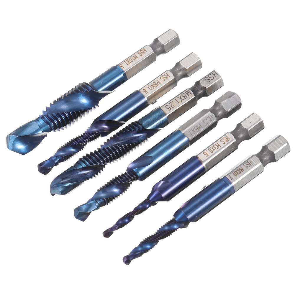 Drillpro 6pcs M3-M10 Combination Drill Tap Bit Set HSS 6542 Blue Nano Coated Deburr Countersink Dril
