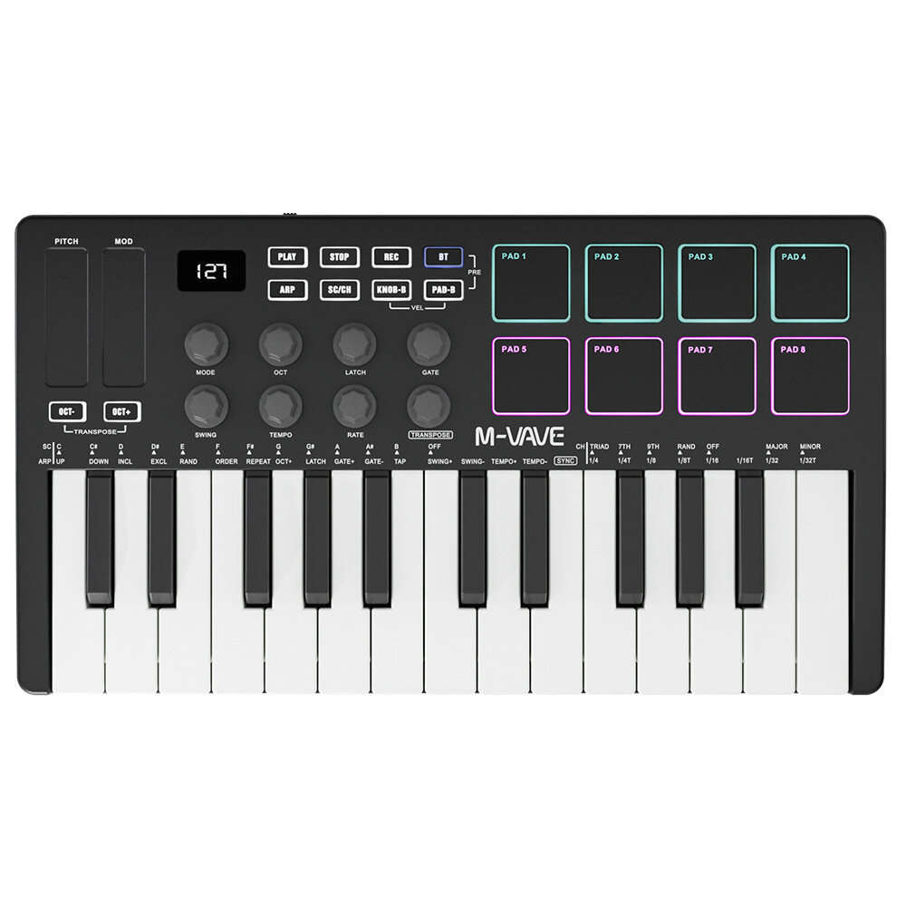 Black - M-VAVE 25 Key MIDI Keyboard Controller 25 Velocitys-sensitive Keys 8 RGB Pads 8 Knobs Touch