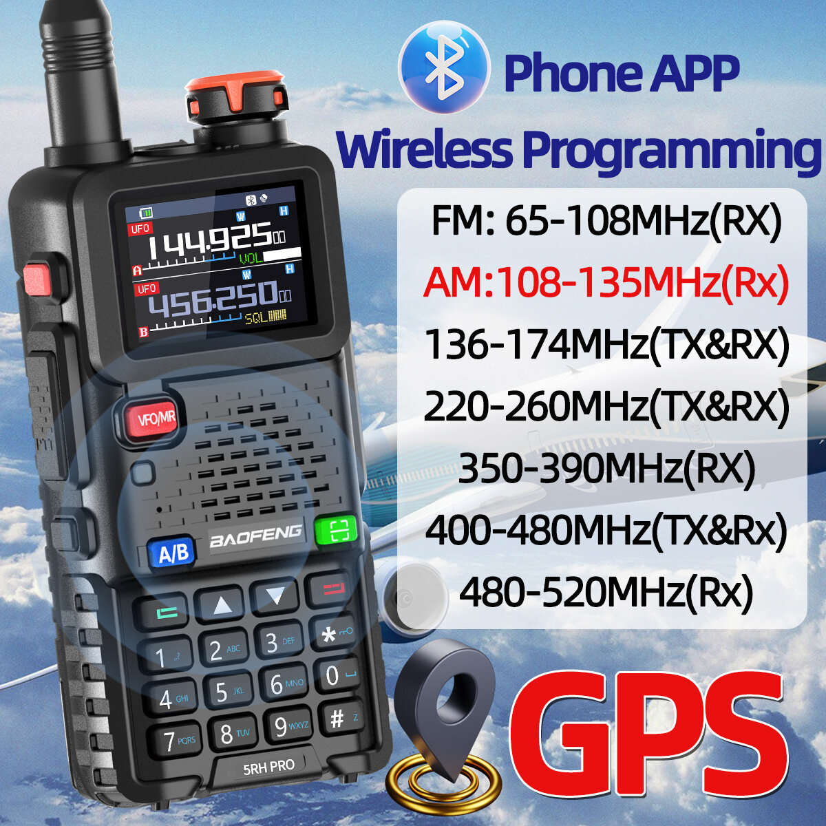 Baofeng UV-5RH PRO 10W GPS Multi Band AM FM Walkie Talkie Bluetooth Frequency Writing Function 640 C