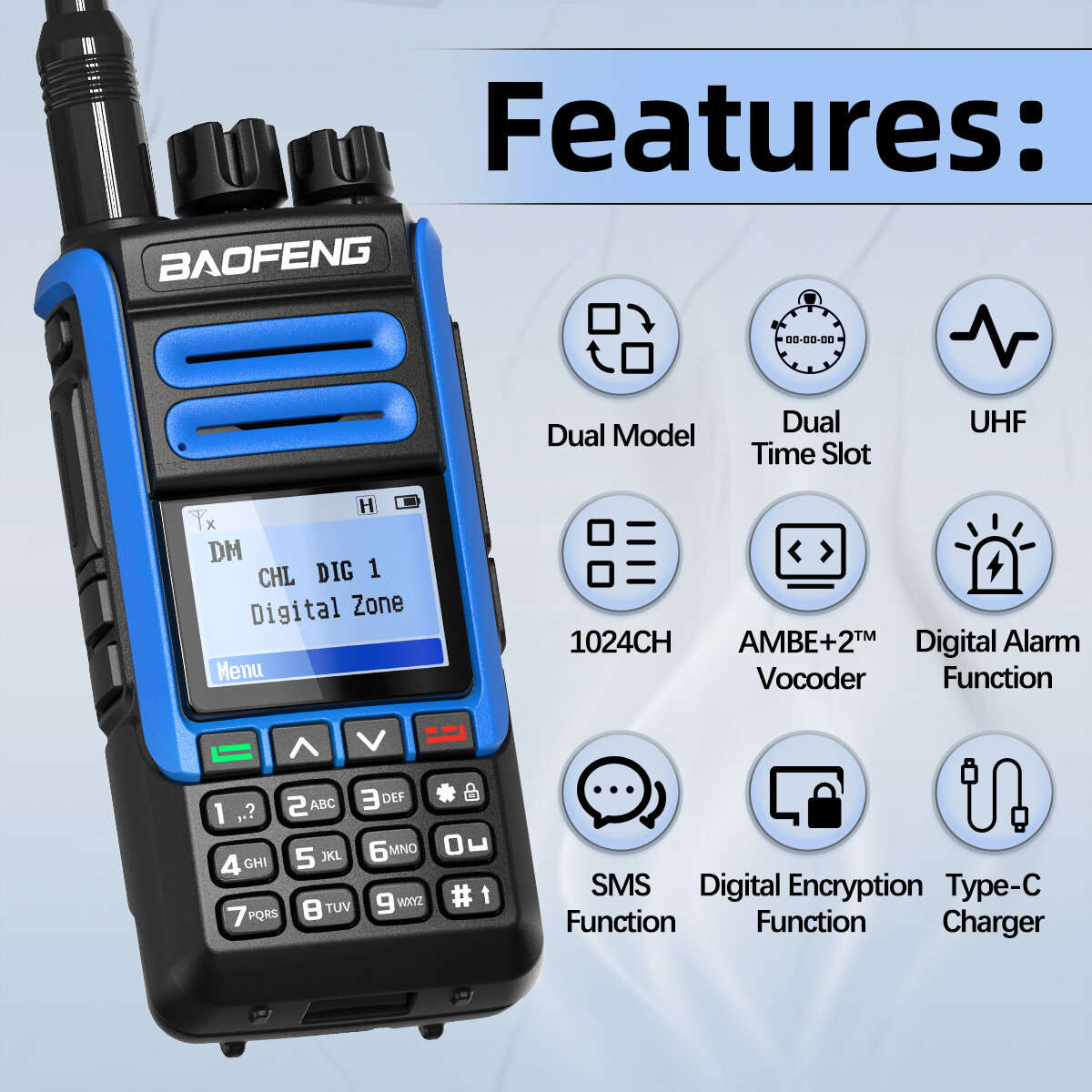 Radio+Type-C Cable+Earphone+Hand Mic - Baofeng DR-1802U Digital Two Way Radio Dual Mode Dual Time Sl