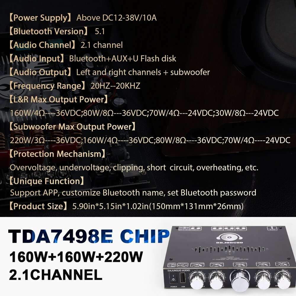 Black - S220HS bluetooth Power Amplifier Board 2.1 Channel TDA7498E 160Wx2+220W 12V-38V Audio Power