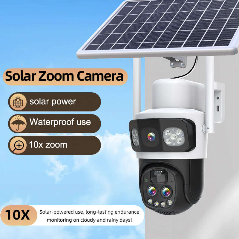 4G EU Version+Flow Card - Guudgo 2K 10X Zoom UHD Solar PTZ Security Camera with Solar Panel 360HD Co
