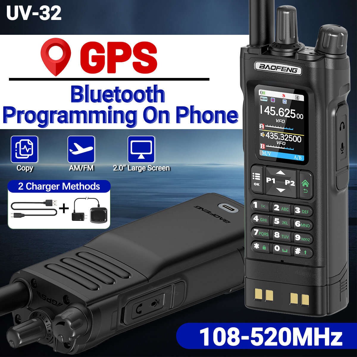 Black - Baofeng UV32 GPS 10W Long Range Walkie Talkie bluetooth Phone APP Programming Multi-band Wir