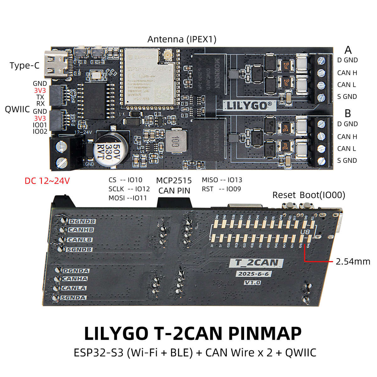 Black - LILYGO T-2CAN ESP32-S3 WiFi Bluetooth Development Board 16MB Flash 8MB PSRAM Stand-Alone CAN