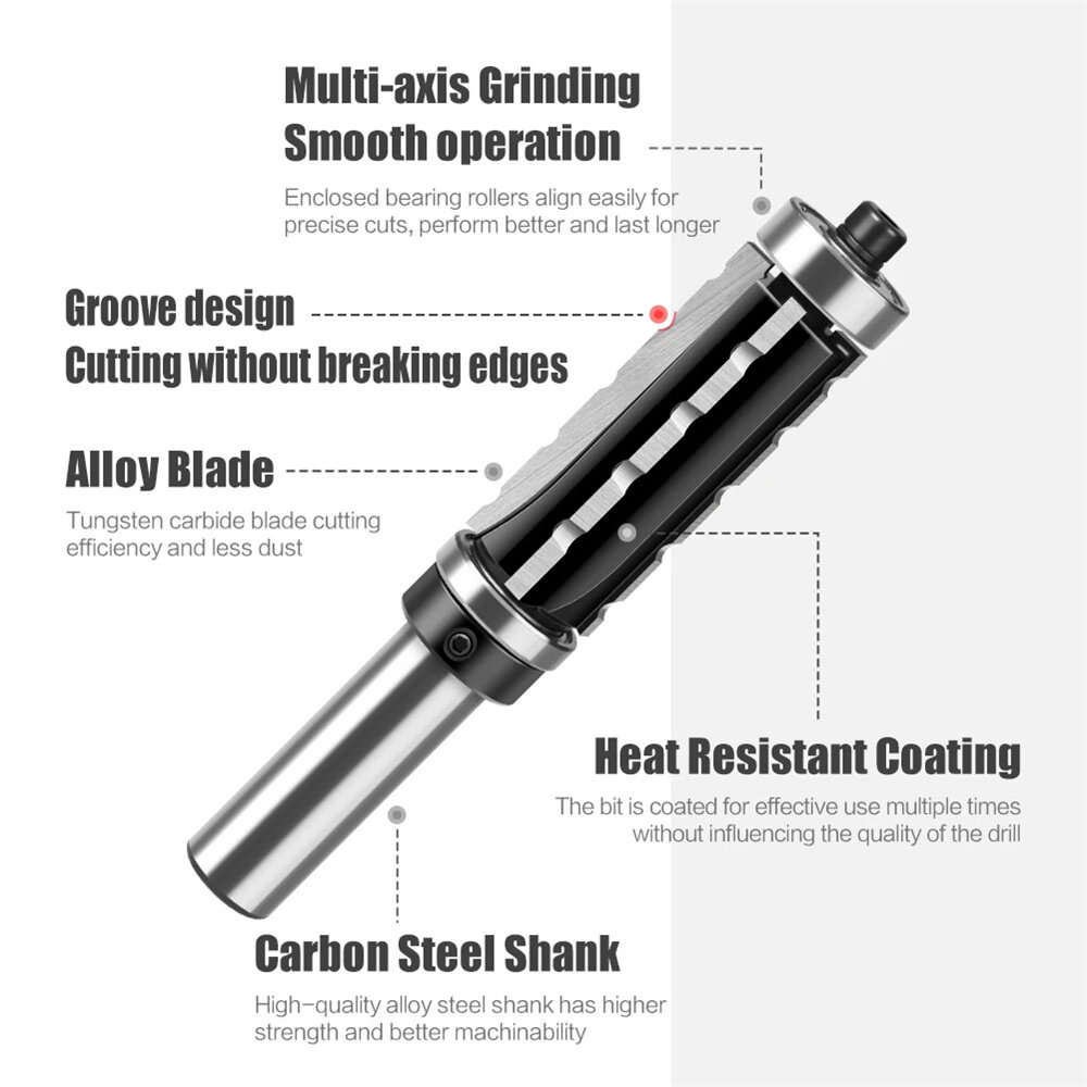 1/2inx3/4inx2-9/16in - 1/2 Inch 12.7mm 12mm Shank Spiral Flush Trim Router Bits Top & Bottom Bearing
