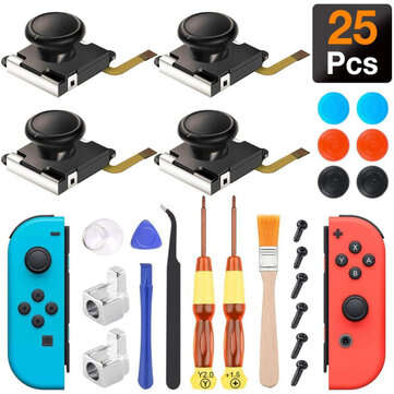 25Pcs 3D Replacement Joystick Analog Thumb Stick Repair Kit Case Cover Cap Repair Tools Set for Nint