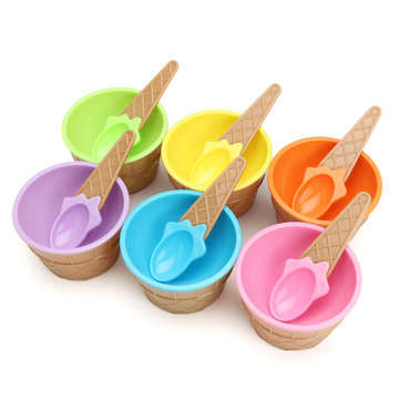 6PCS Children`s Plastic Ice Cream Bowls Spoons Set Durable Ice Cream Cup Dessert Bowl