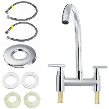 Modern Dual Lever Chrome Kitchen Sink Faucet Hot Cold Mixer Taps Deck Mounted Tap 2 Hole