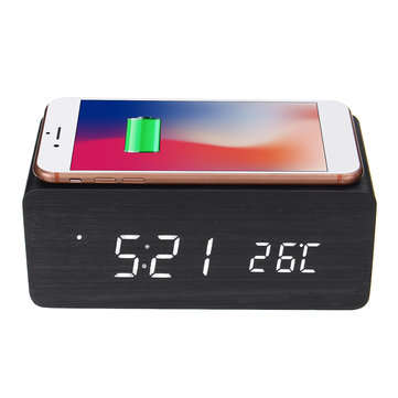3in1 20W Qi Wireless Charge Clock Voice Control Digital LED Desk Wooden Alarm With Thermometer Xmas