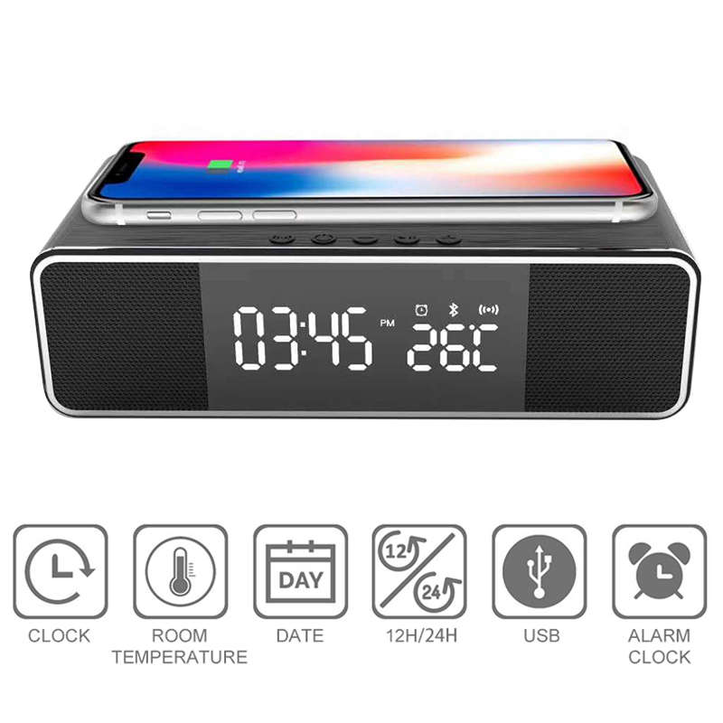 Wireless bluetooth Alarm Clock Phone Charger FM Radio Table Digital Thermometer With Alarm Clock Dis