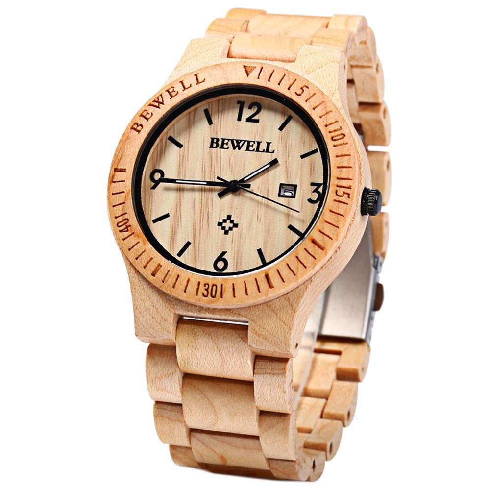 New BEWELL ZS-W086B Men Natural Wooden Auto Calendar Display Fashion Quartz Wris