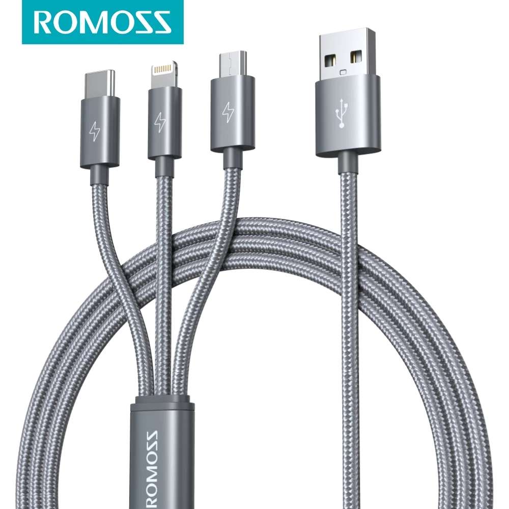 ROMOSS CB25A 3 in 1 for Lightning Type-C Micro USB 2.1A USB Cable for Samsung Galaxy S21 Note S20 ul