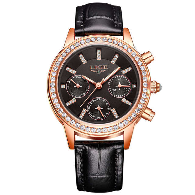 New LIGE 9812 Elegant Design Date Display Ladies Wrist Watch Diamonds Leather Ba