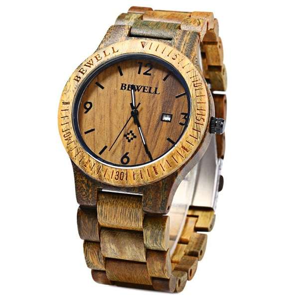 New BEWELL ZS-W086B Men Natural Wooden Auto Calendar Display Fashion Quartz Wris