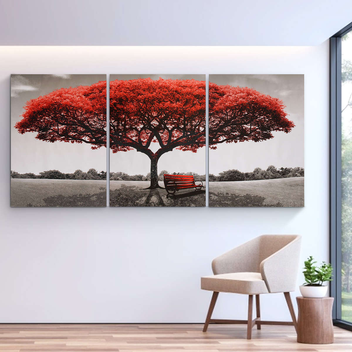 3 Pcs Wall Decorative Paintings Red Tree Canvas Print Art Pictures Frame