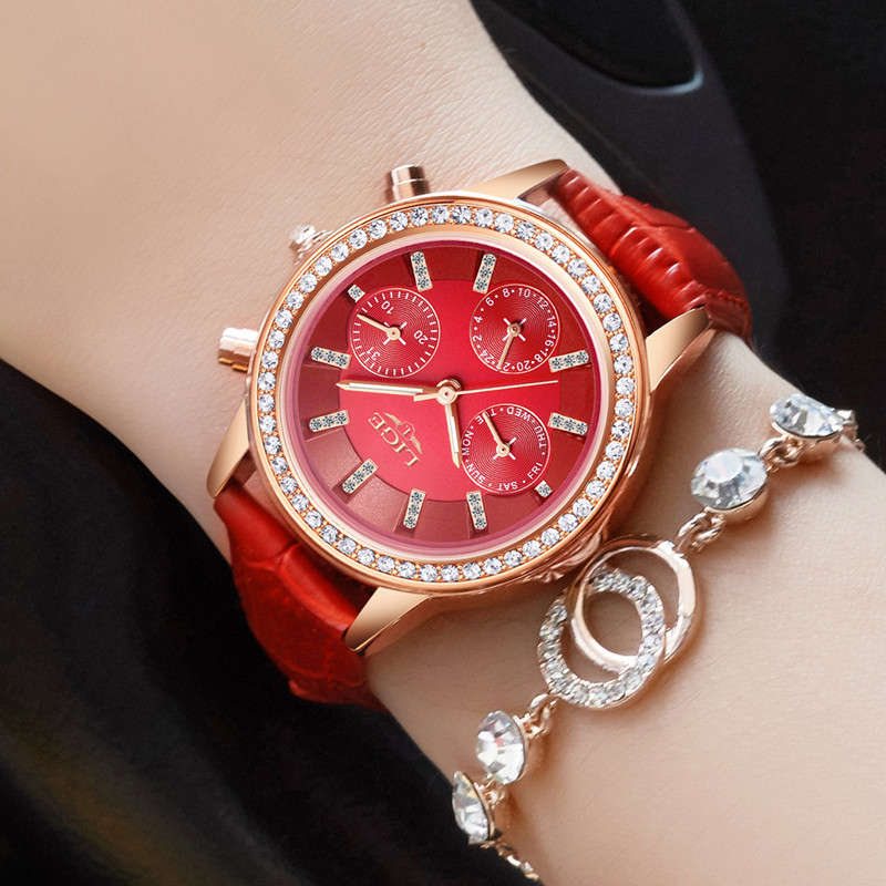 New LIGE 9812 Elegant Design Date Display Ladies Wrist Watch Diamonds Leather Ba