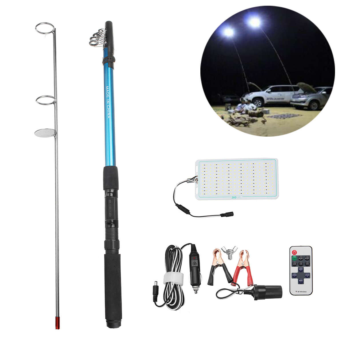 12V 500W Telescopic LED Fishing Rod Lamp Car Light Remote Controller Outdoo