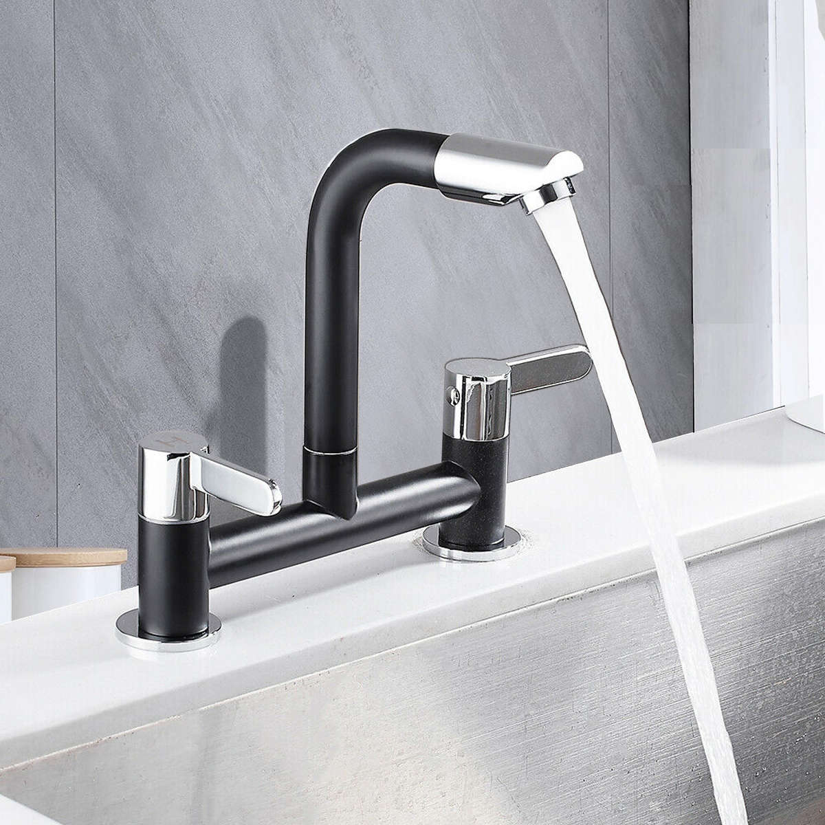 Black Kitchen Faucet Sink Mixer Taps 1/4 Turn Easy Use 2 Hole Deck Mounted