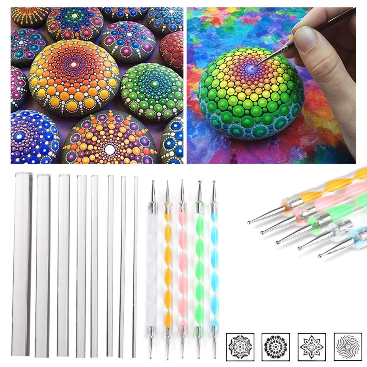 13Pcs Mandala Dotting Tools Set Rock Painting Kit Nail Art Pen Paint Stencil