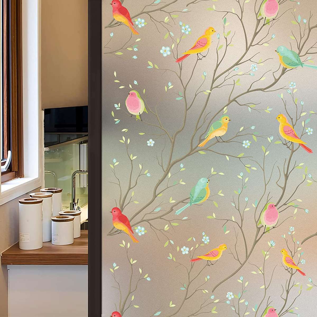 (Size 90 200cm )3D Matte Window Sticker Colorful Bird Non-adhesive Frosted Glass Static Cling St...