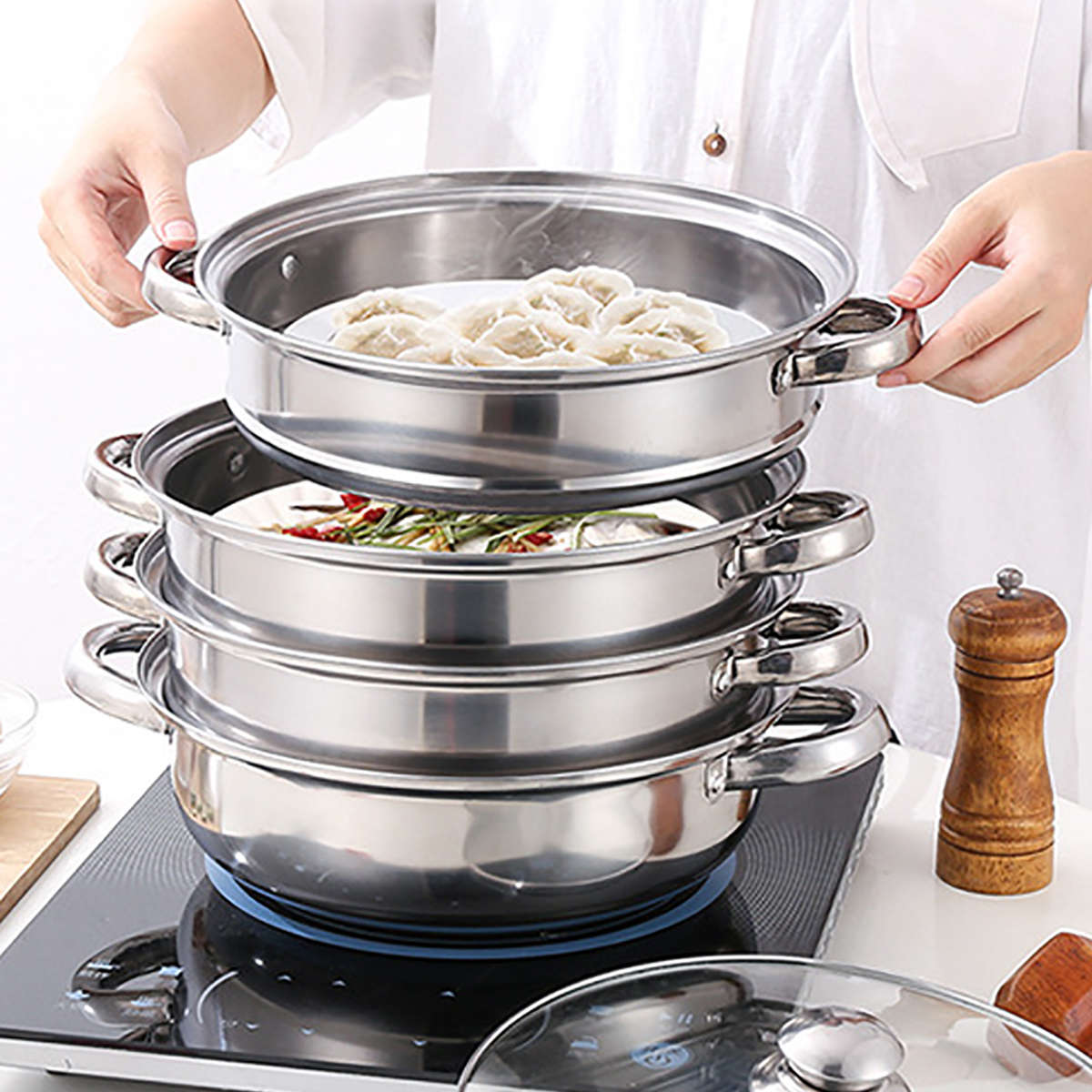 4 Tier Stainless Steel Steamer Meat Vegetable Cooking Steam Hot Pot Thick Steam