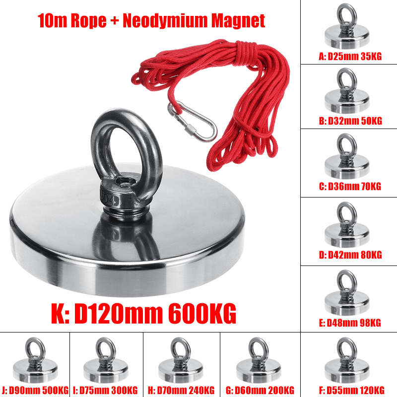 35-600KG Neodymium Fishing Salvage Recovery Magnet + 10M Rope For Detecting Metal Treasure