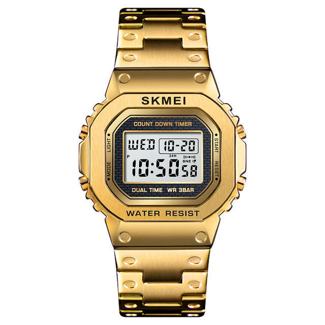 SKMEI 1456 LED Chronograph Countdown Alloy Case Stainless Steel Waterproof Digital Watc (Color Gold)